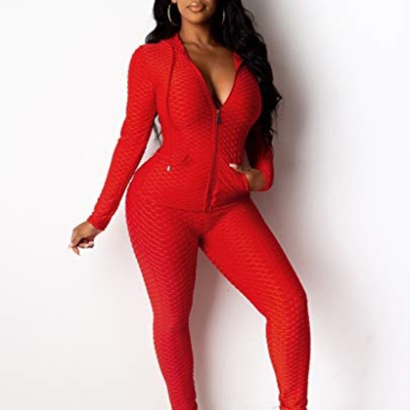Red Long Sleeve Zipper Hoodie + scrunch leggings - Picture 1 of 5